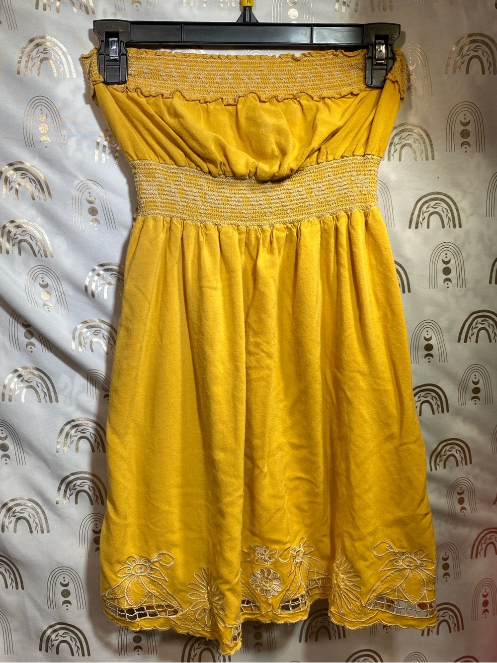 American Rag Yellow Strapless Smocked Dress with Embroidered Trim